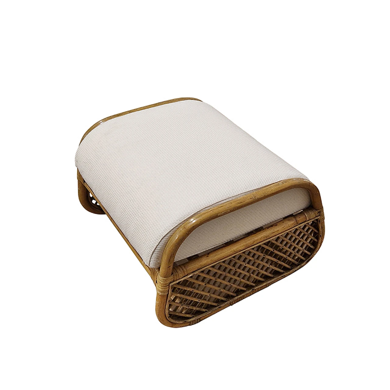 Coppia di sgabelli in bambù e rattan con seduta in tessuto, anni '80 3