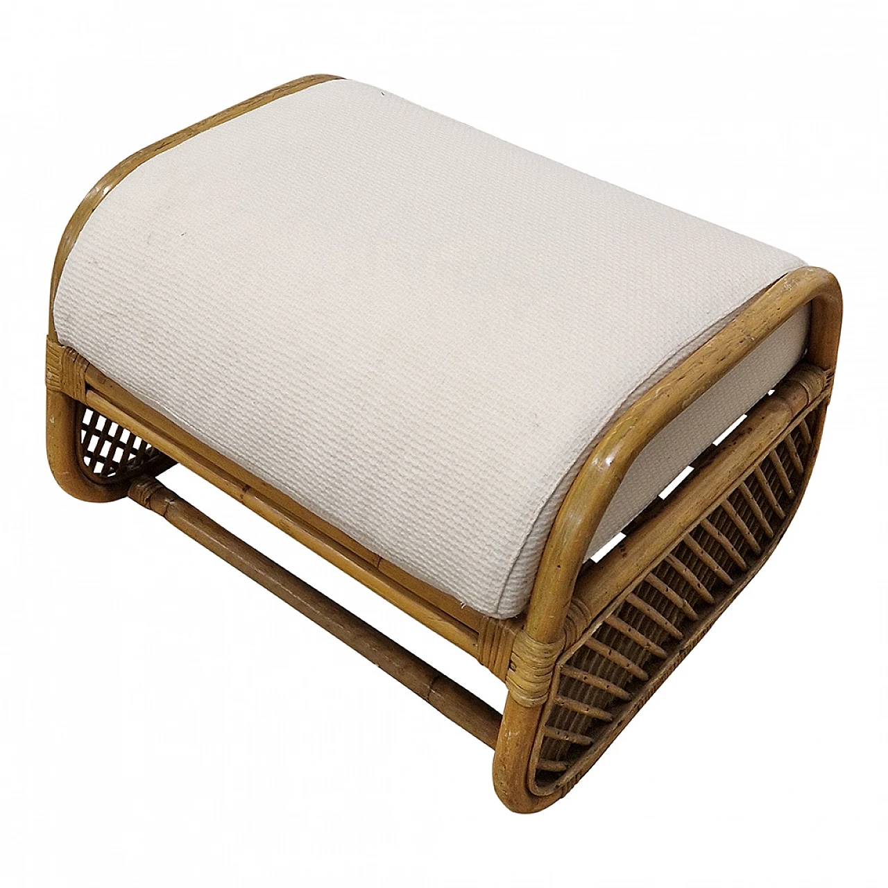 Coppia di sgabelli in bambù e rattan con seduta in tessuto, anni '80 4