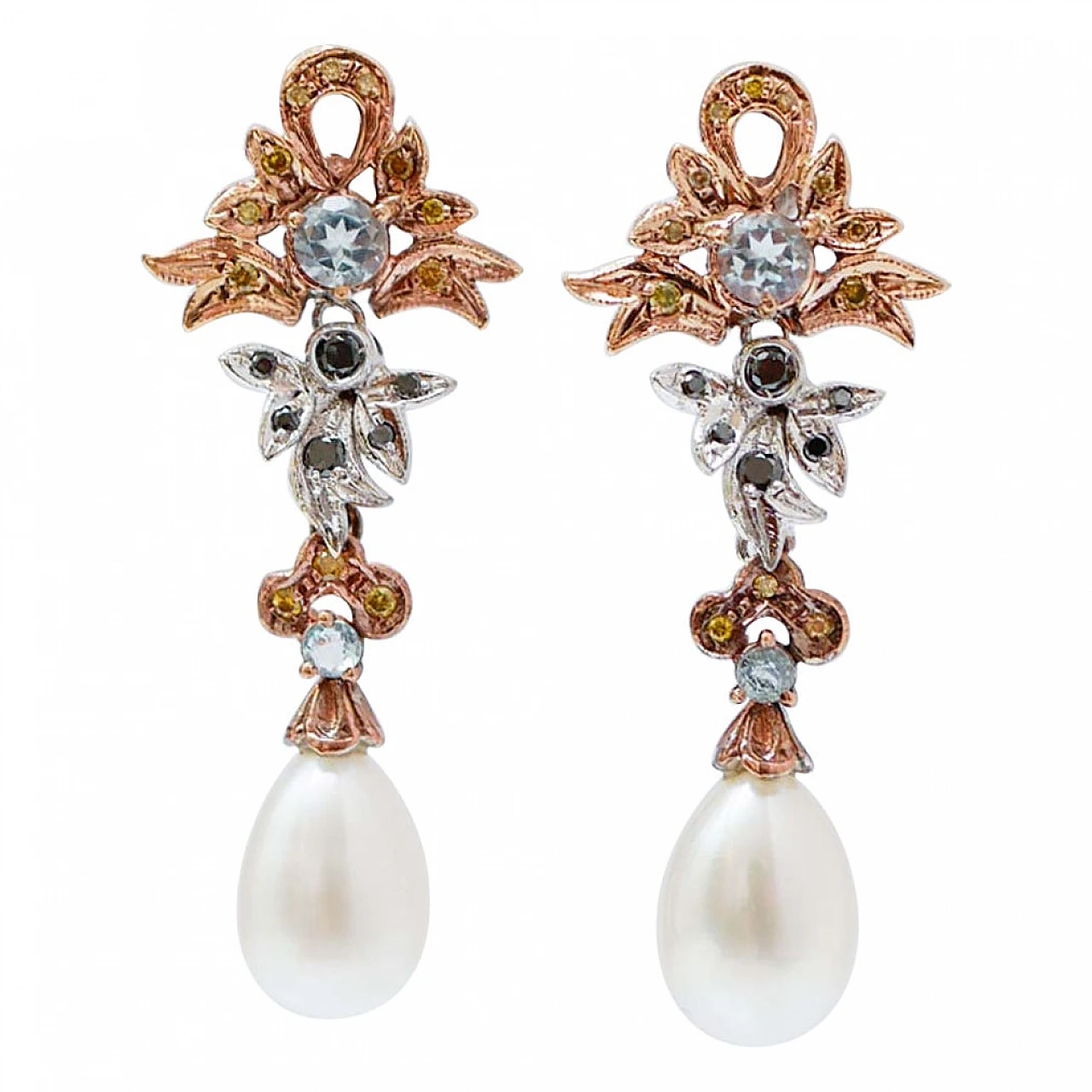 Gold and rose gold earrings with pearls, topazes and diamonds, 1970s 1