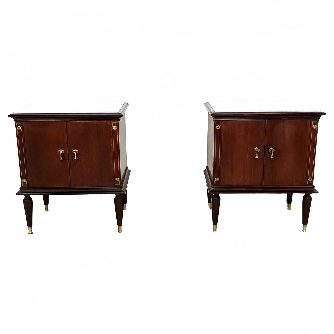 Pair of lack walnut nightstands with marble top, 1950s 1