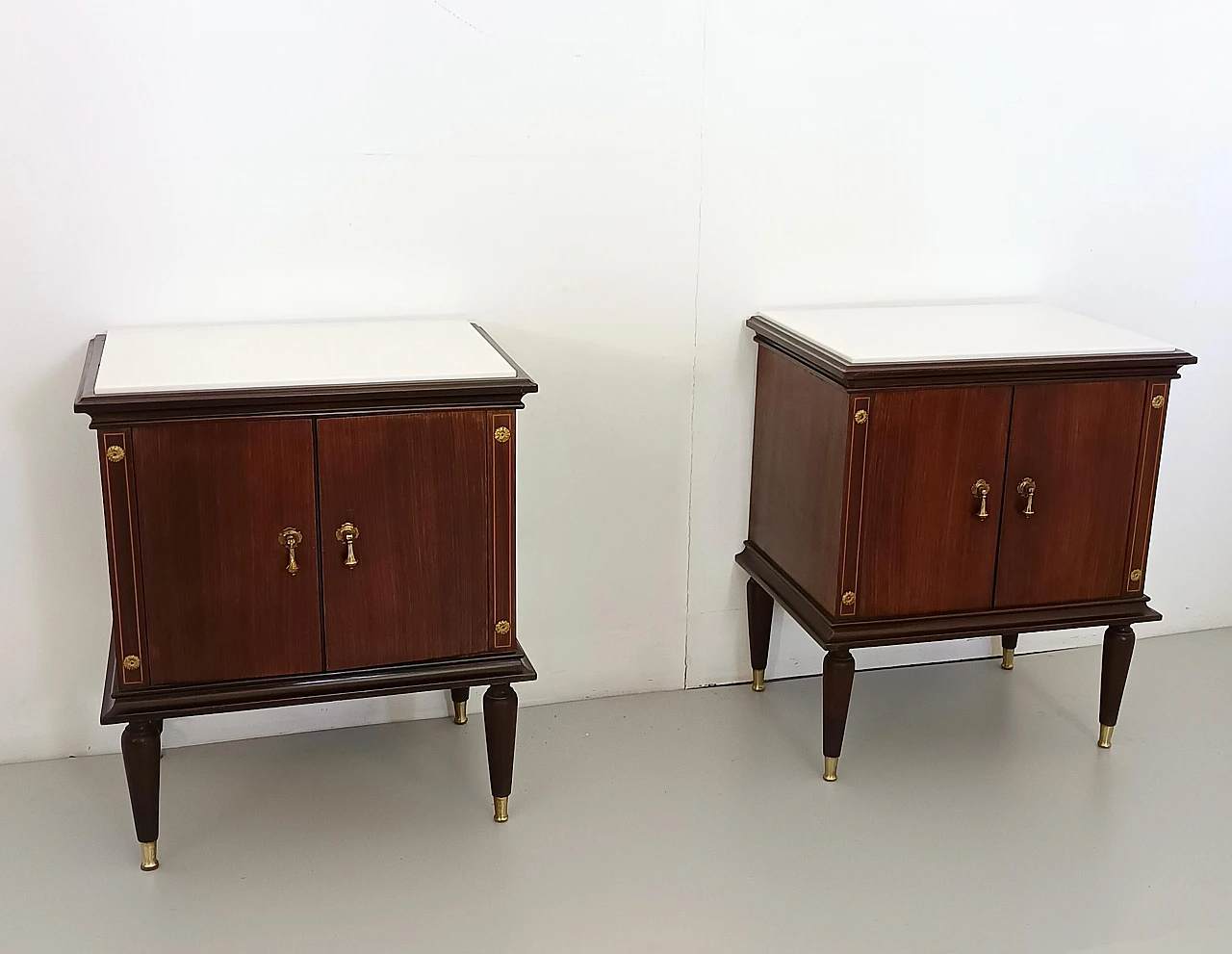 Pair of lack walnut nightstands with marble top, 1950s 3