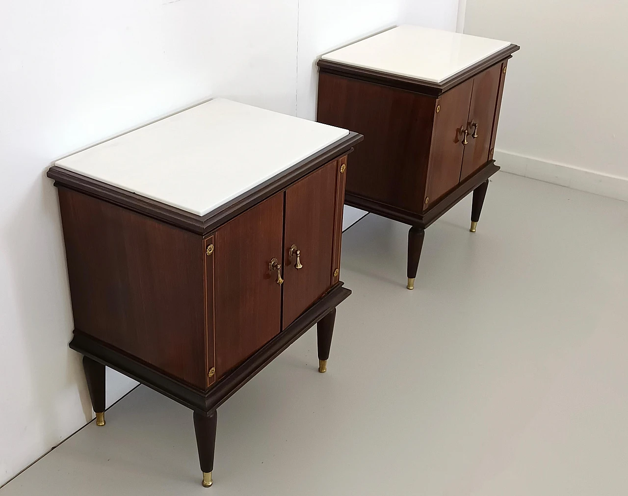 Pair of lack walnut nightstands with marble top, 1950s 5
