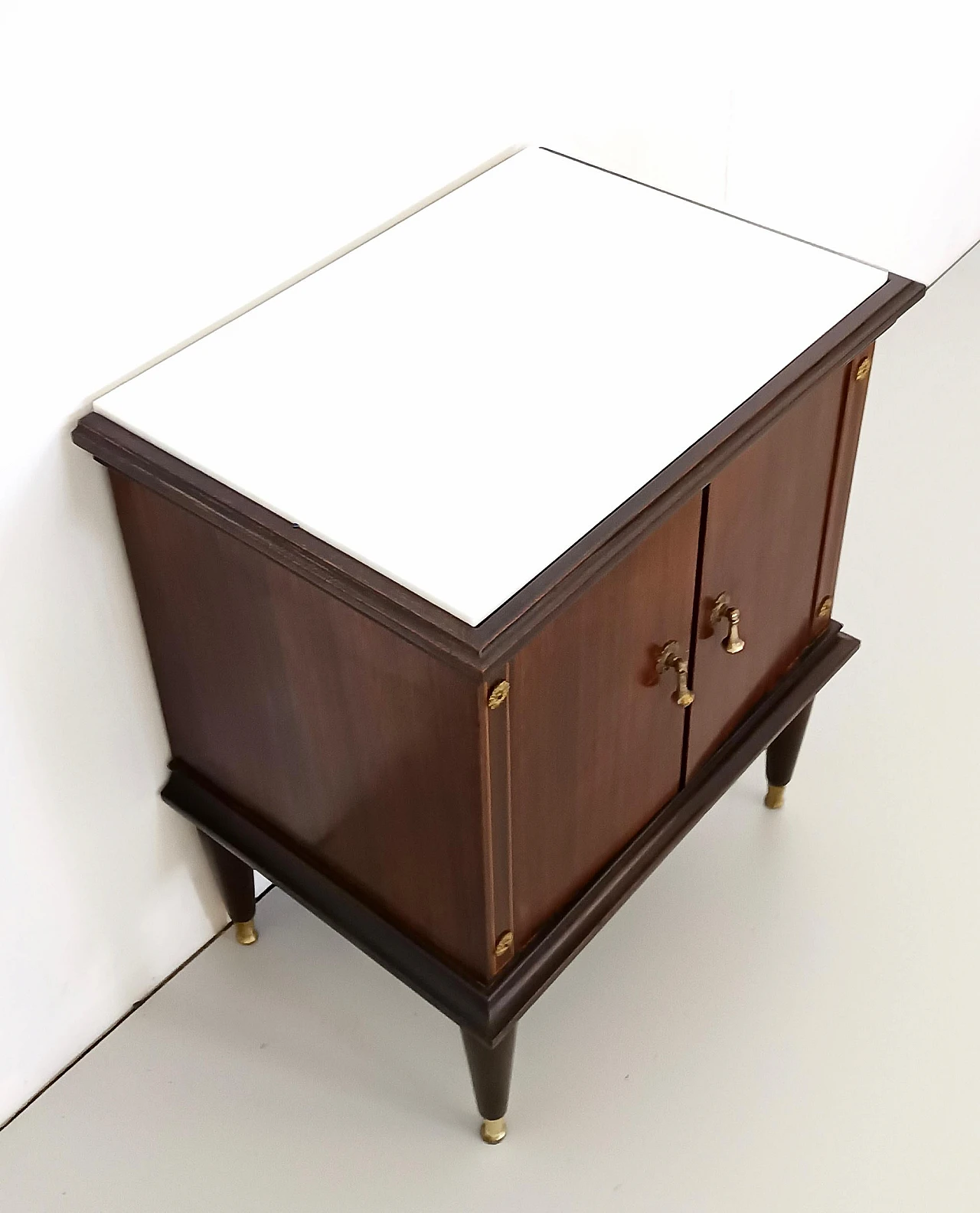 Pair of lack walnut nightstands with marble top, 1950s 7