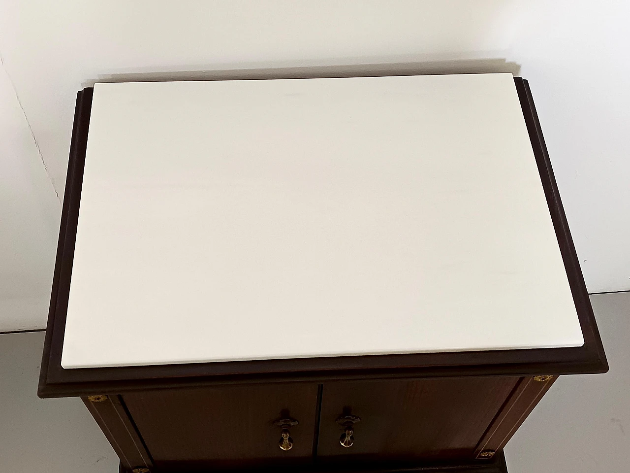 Pair of lack walnut nightstands with marble top, 1950s 8