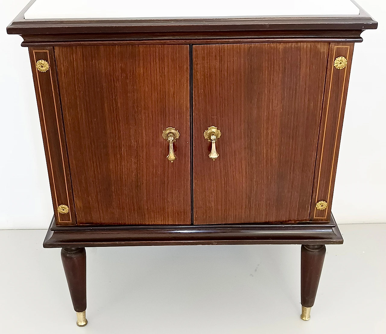 Pair of lack walnut nightstands with marble top, 1950s 9