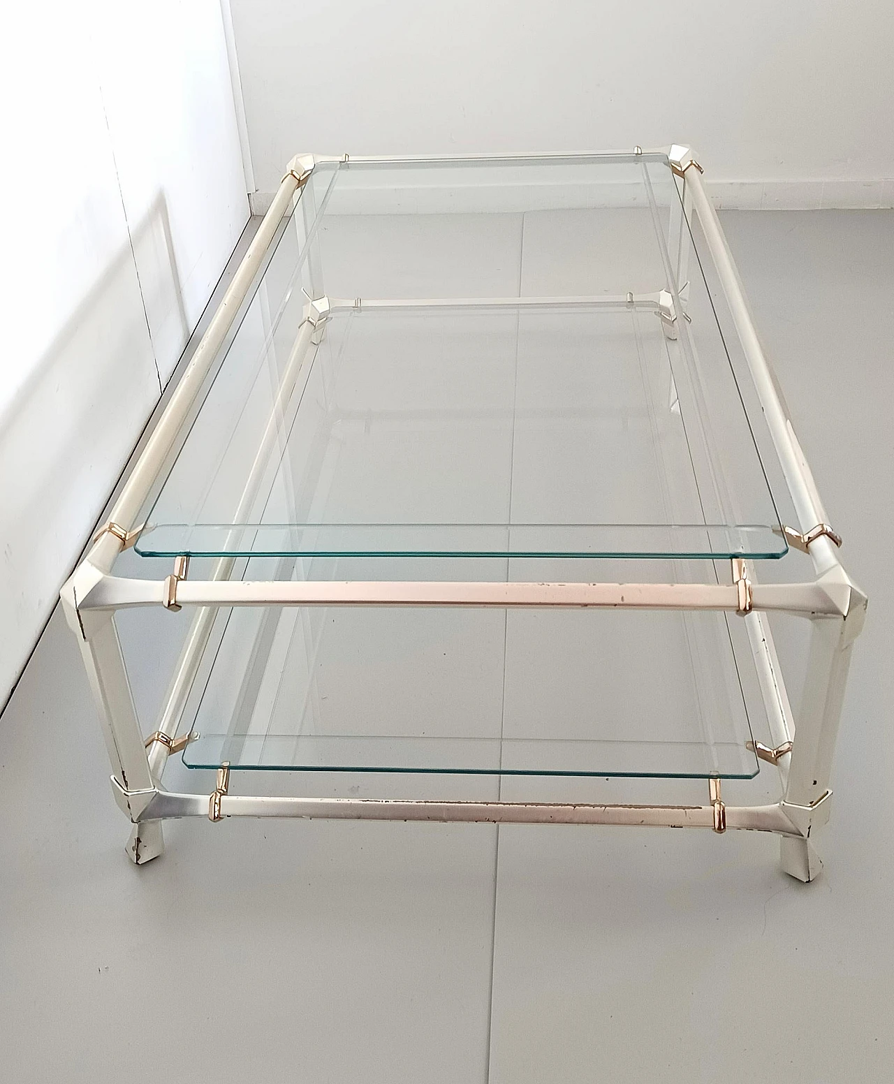 Engraved crystal and metal coffee table with lower shelf, 1990s 5