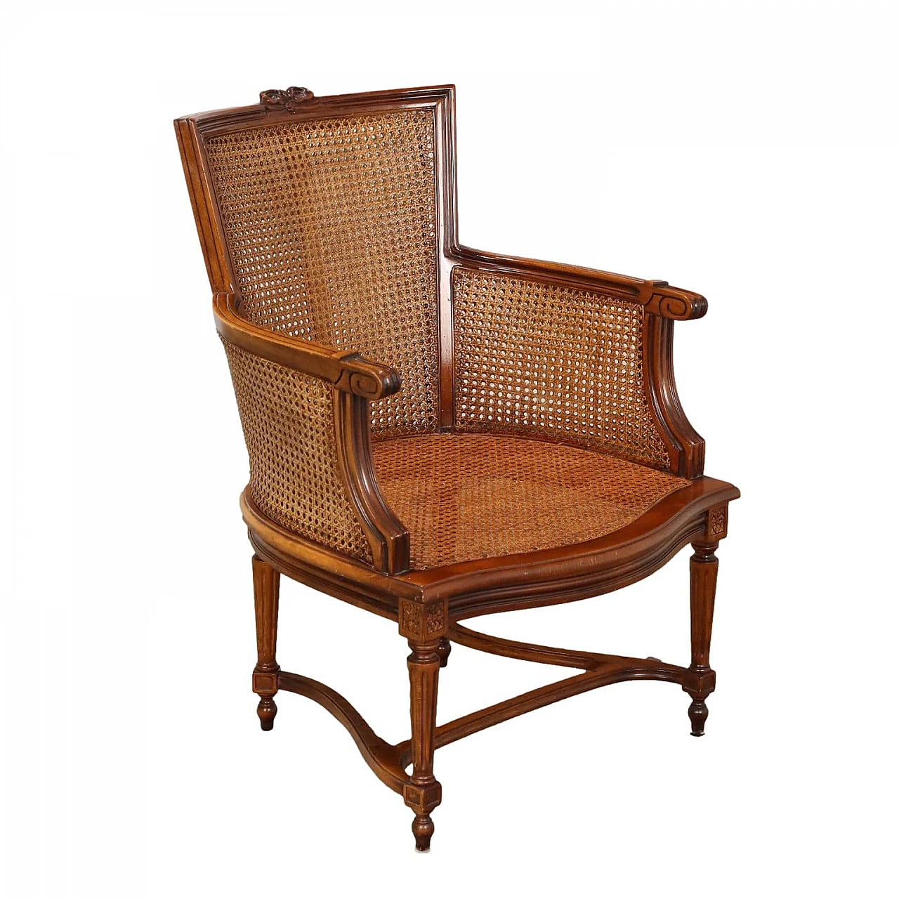 Neoclassical style armchair in carved beech wood & cane 1