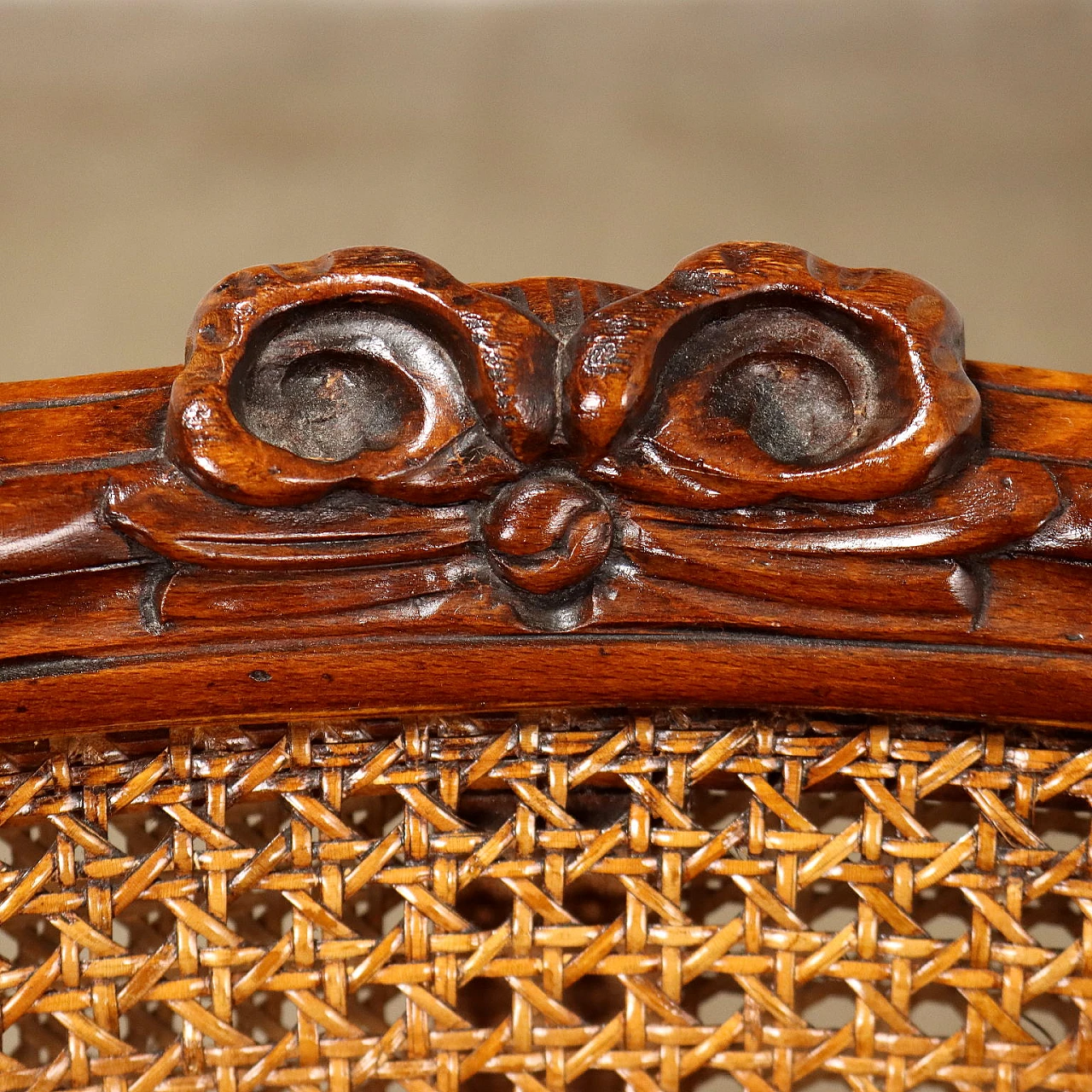 Neoclassical style armchair in carved beech wood & cane 6