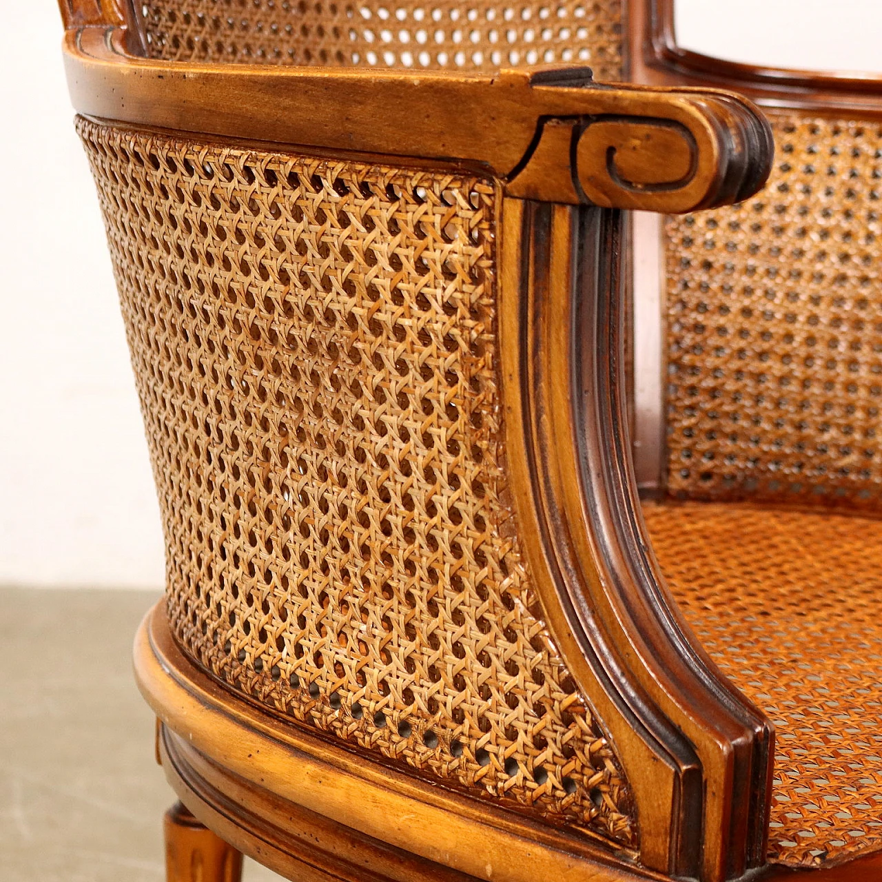Neoclassical style armchair in carved beech wood & cane 8