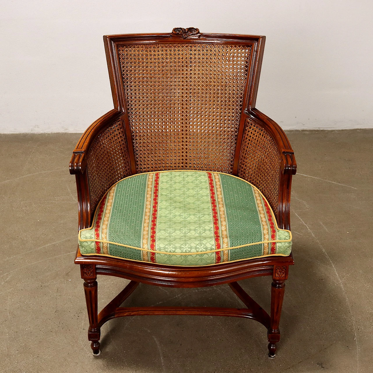 Neoclassical style armchair in carved beech wood & cane 9