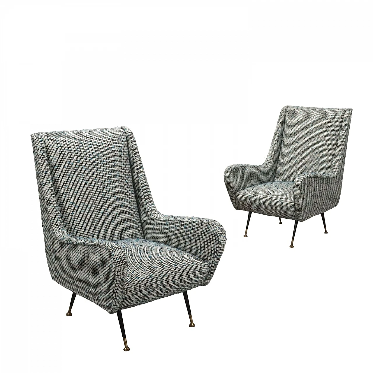 Pair of foam and bouclé armchairs with metal legs, 1950s 1