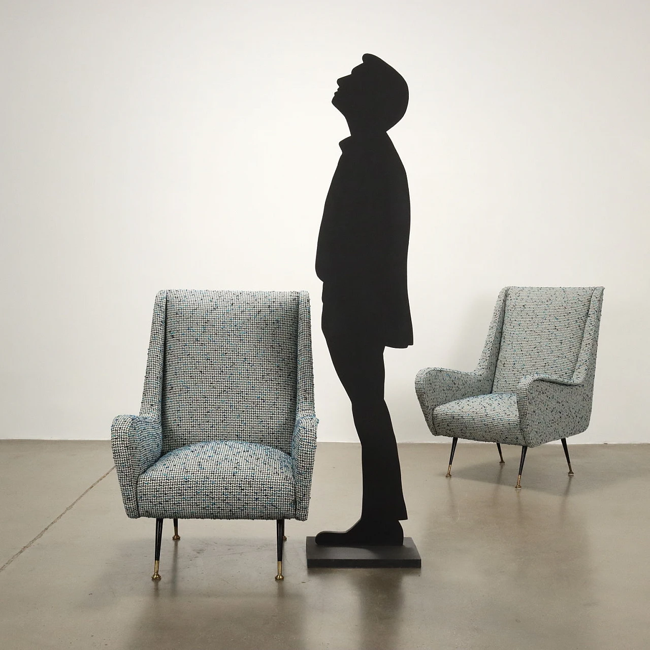 Pair of foam and bouclé armchairs with metal legs, 1950s 2