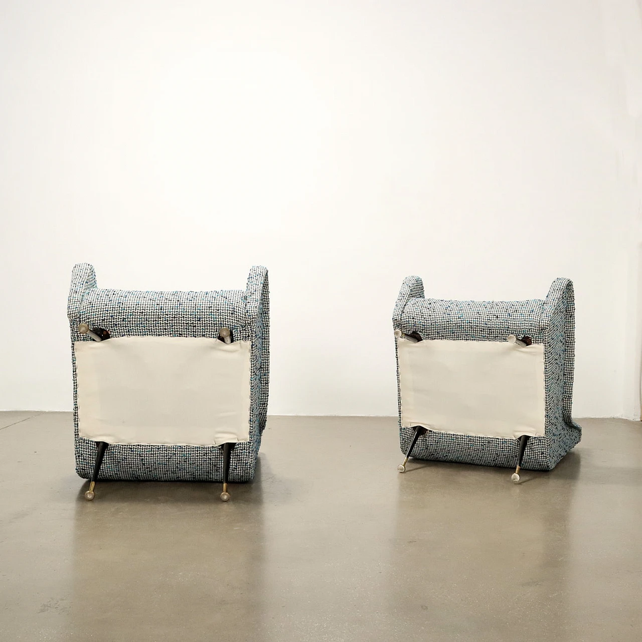 Pair of foam and bouclé armchairs with metal legs, 1950s 7