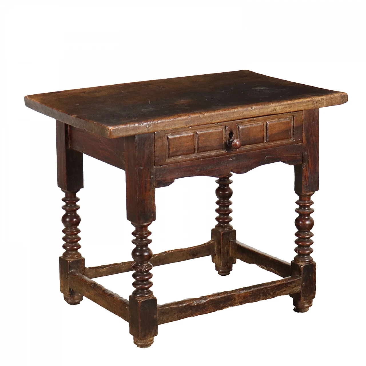 Walnut side table with drawer with 4 carved panels, 18th century 1