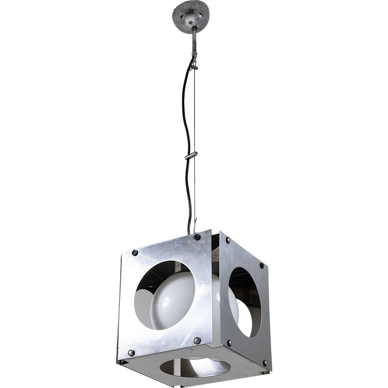 Lampada a sospensione in vetro lattimo e metallo, anni '70 7