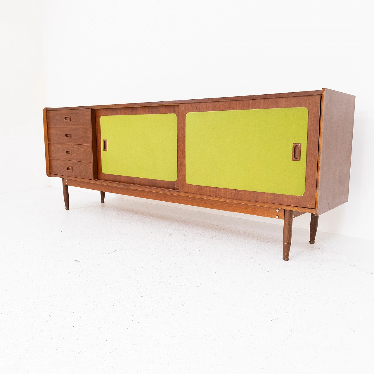 Credenza italiana in legno di noce e tessuto verde, anni '70 2