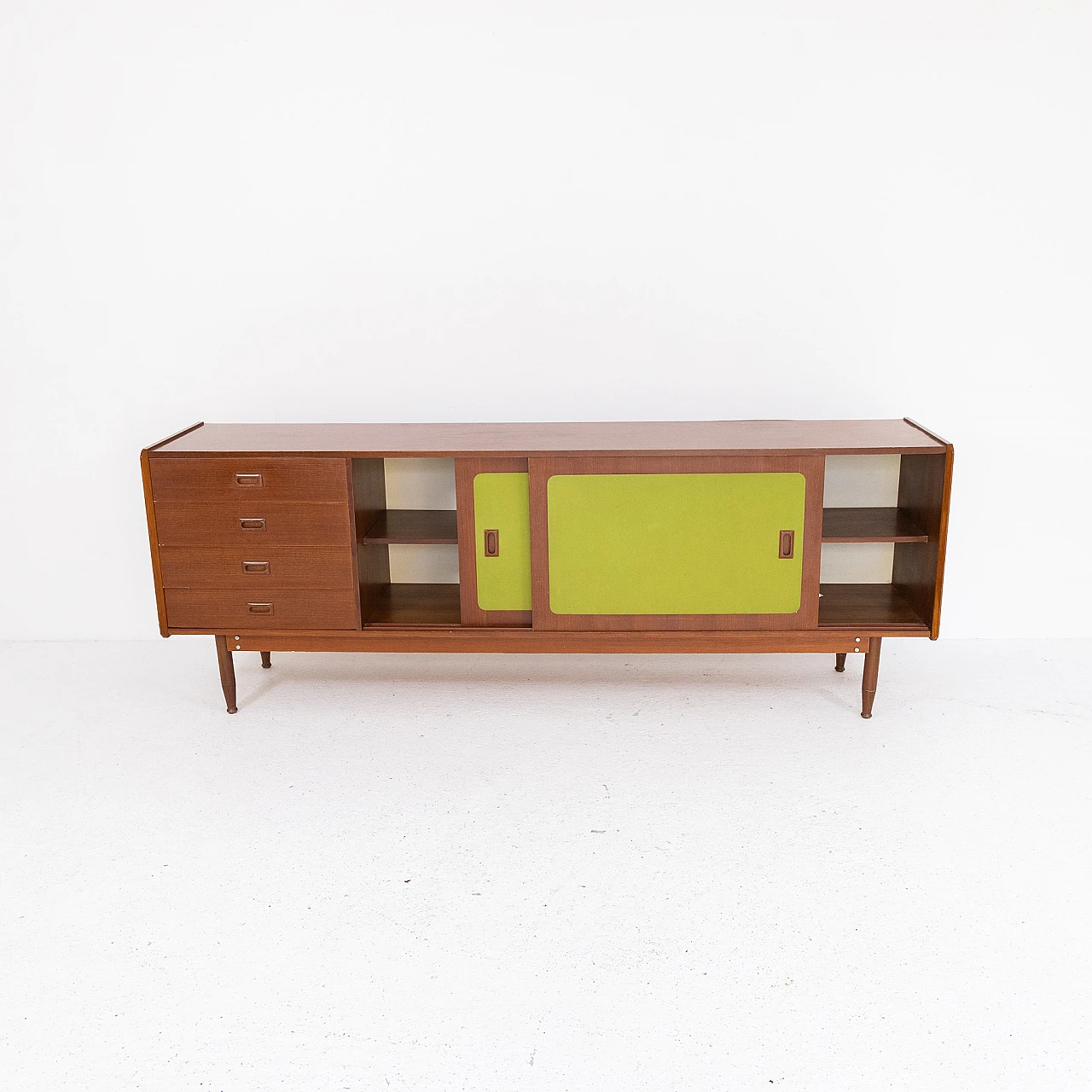Credenza italiana in legno di noce e tessuto verde, anni '70 5