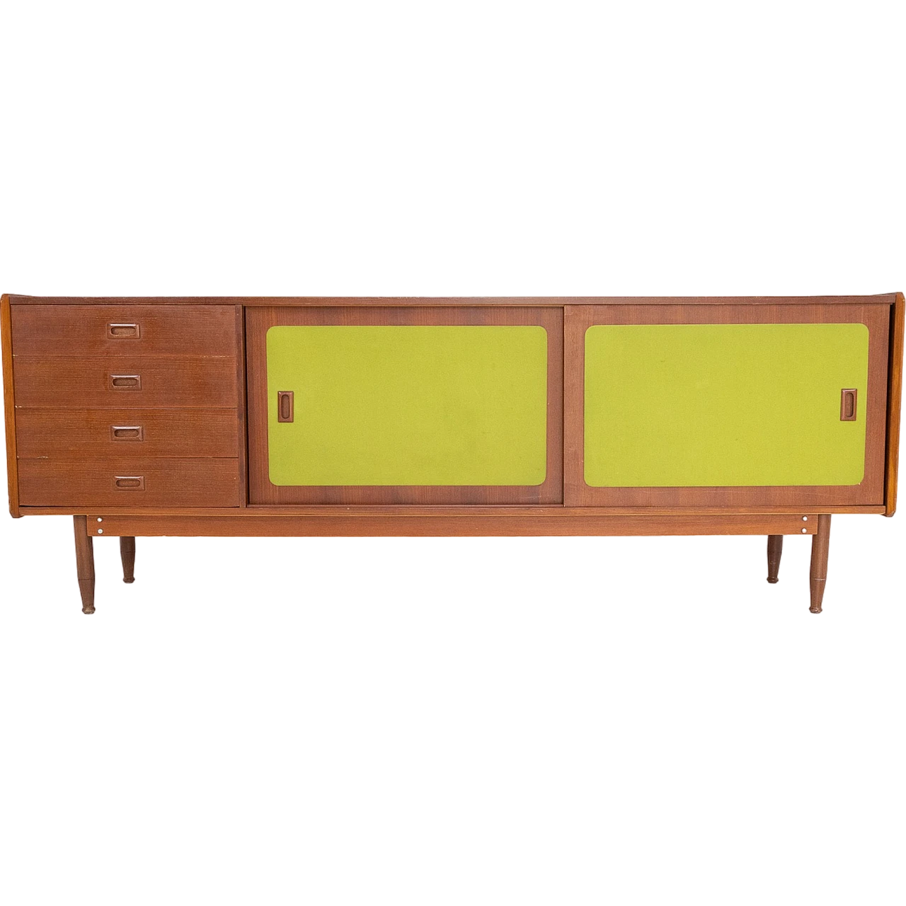Credenza italiana in legno di noce e tessuto verde, anni '70 8