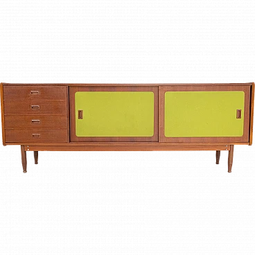 Credenza italiana in legno di noce e tessuto verde, anni '70