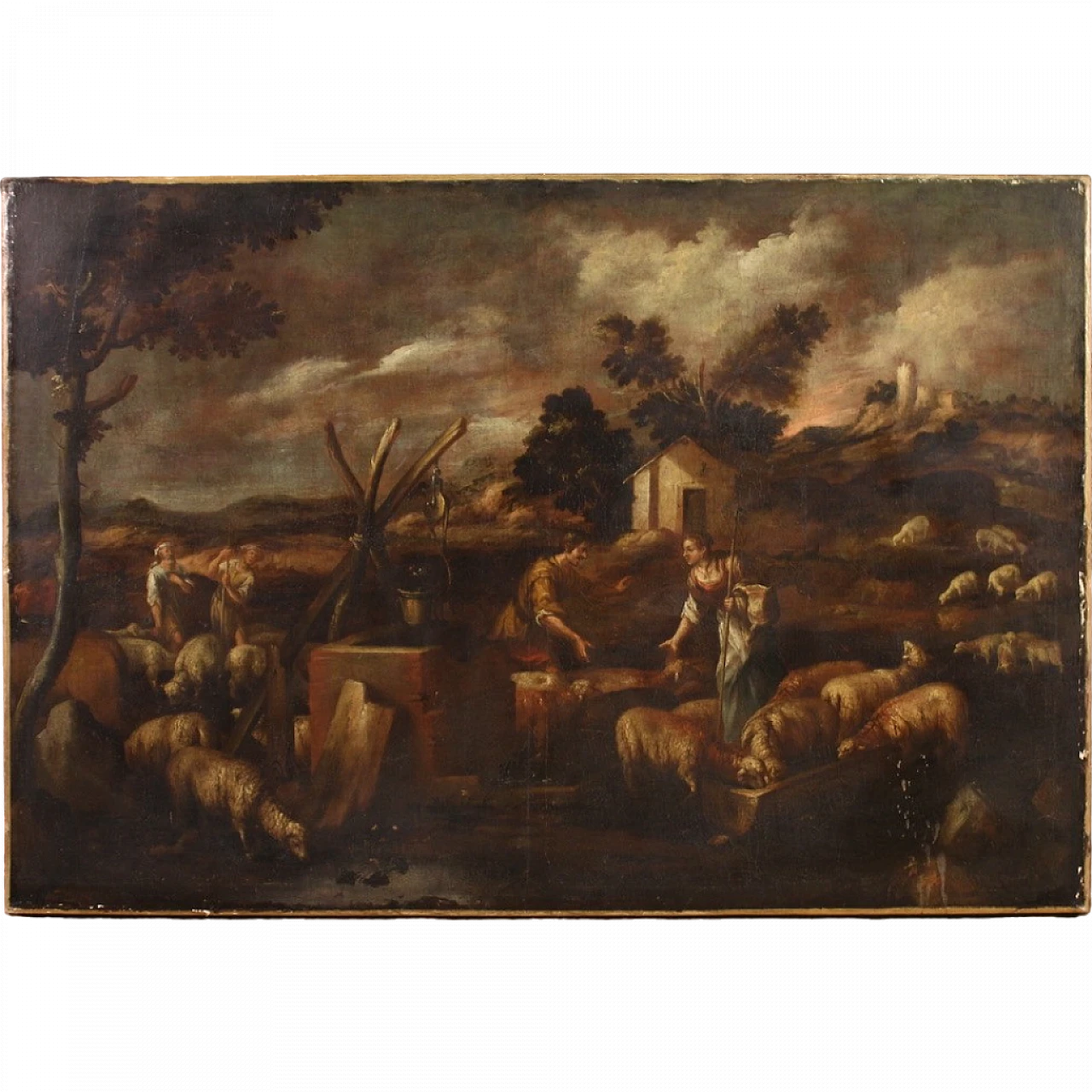 Paesaggio bucolico con figure e animali, olio su tela, '600 16