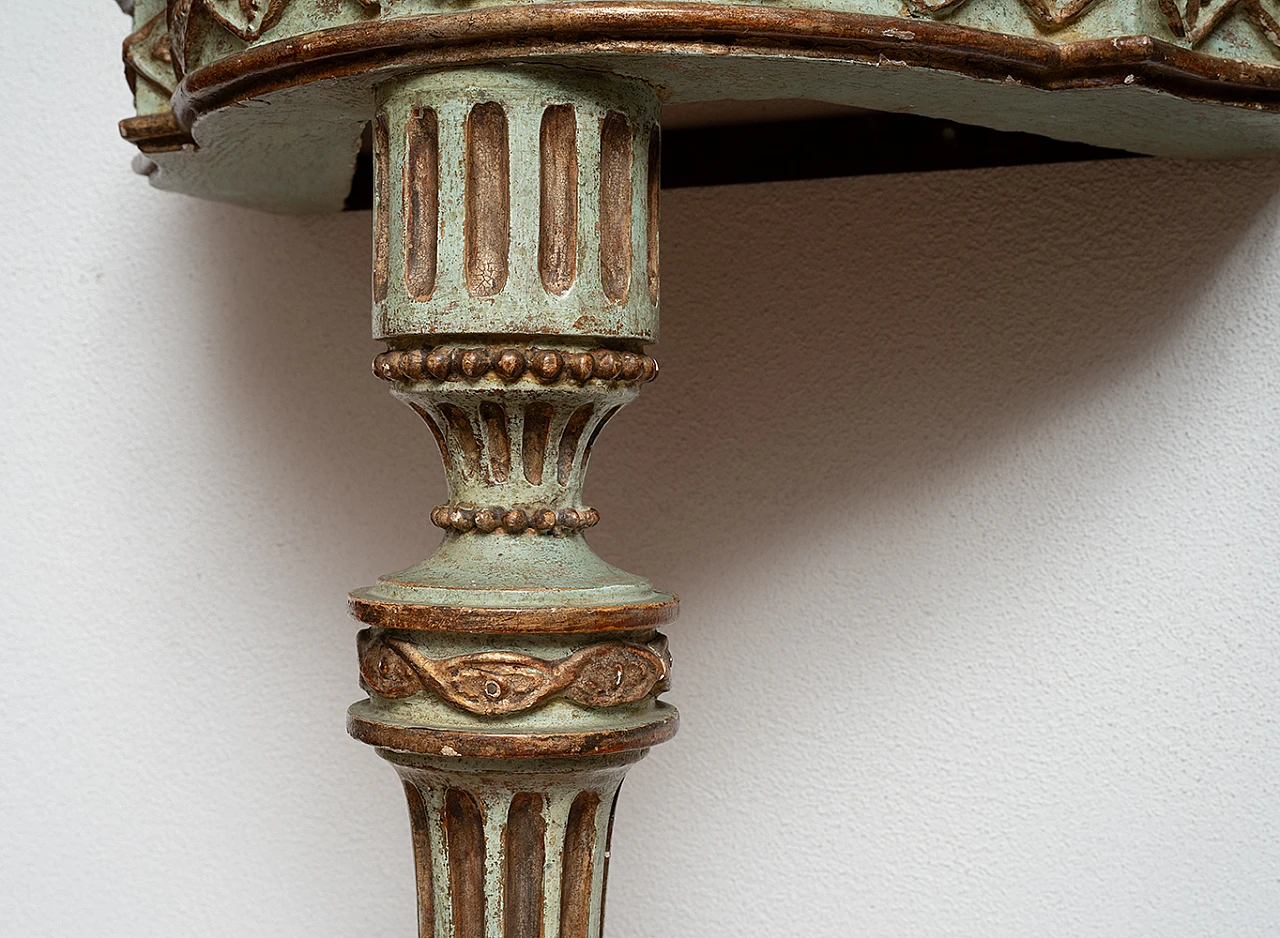 Coppia di consolline antiche demi lune in lacca verde e oro con piano 5