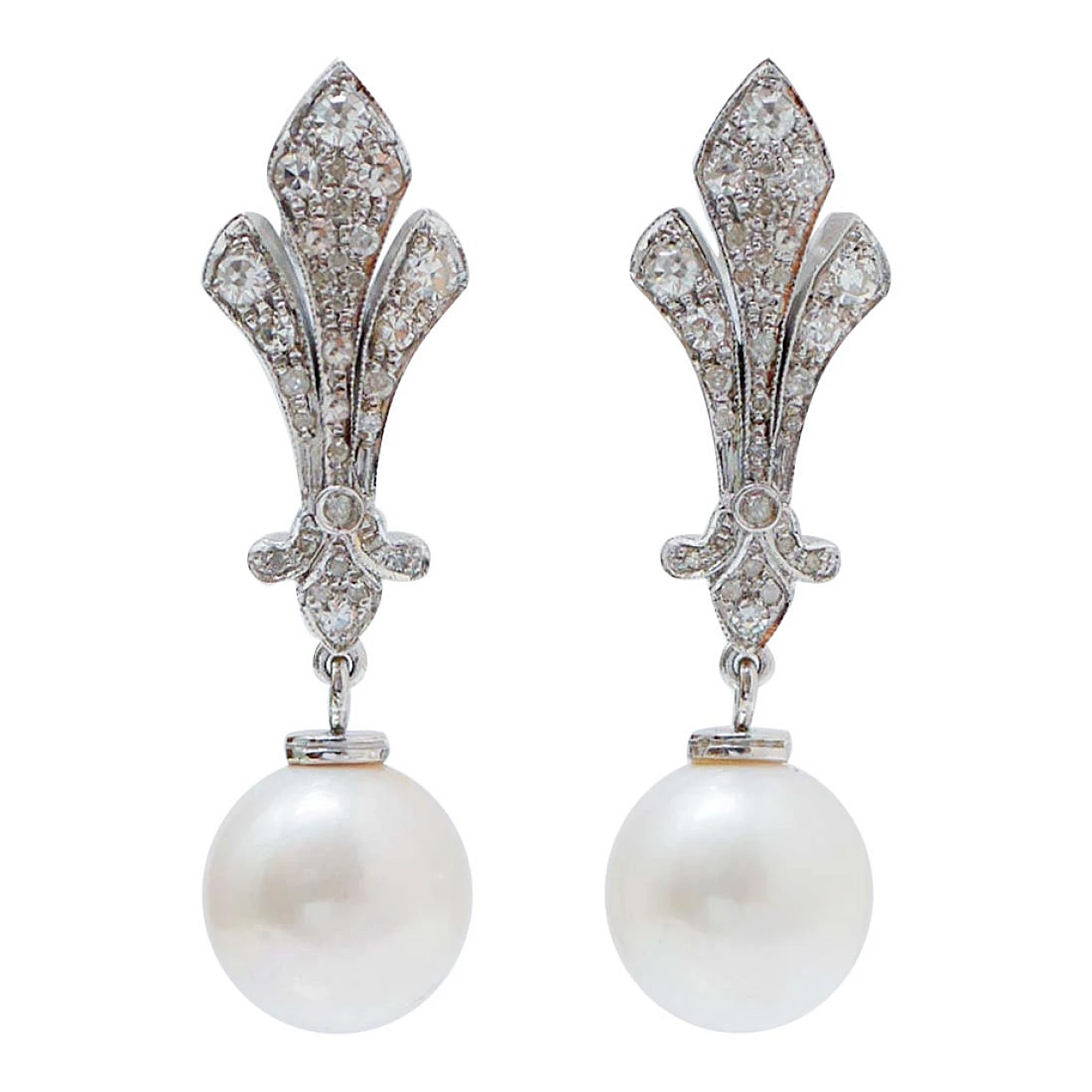 11 Mm White Pearls, Diamonds, White Gold Earrings. 1
