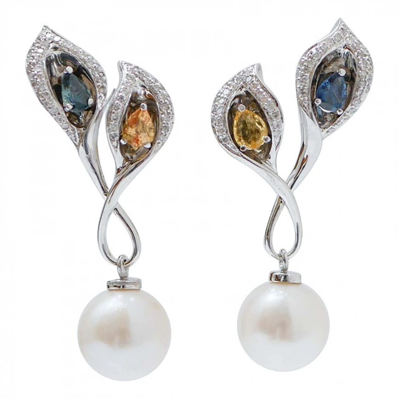 White gold earrings with pearls, diamonds and sapphires, 2000s 1