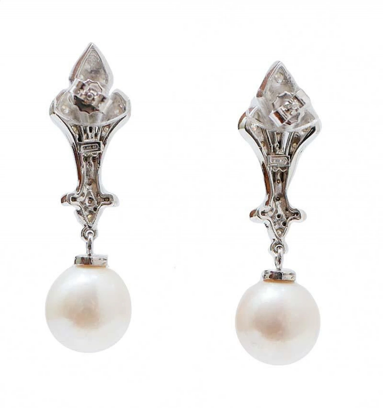 11 Mm White Pearls, Diamonds, White Gold Earrings. 3