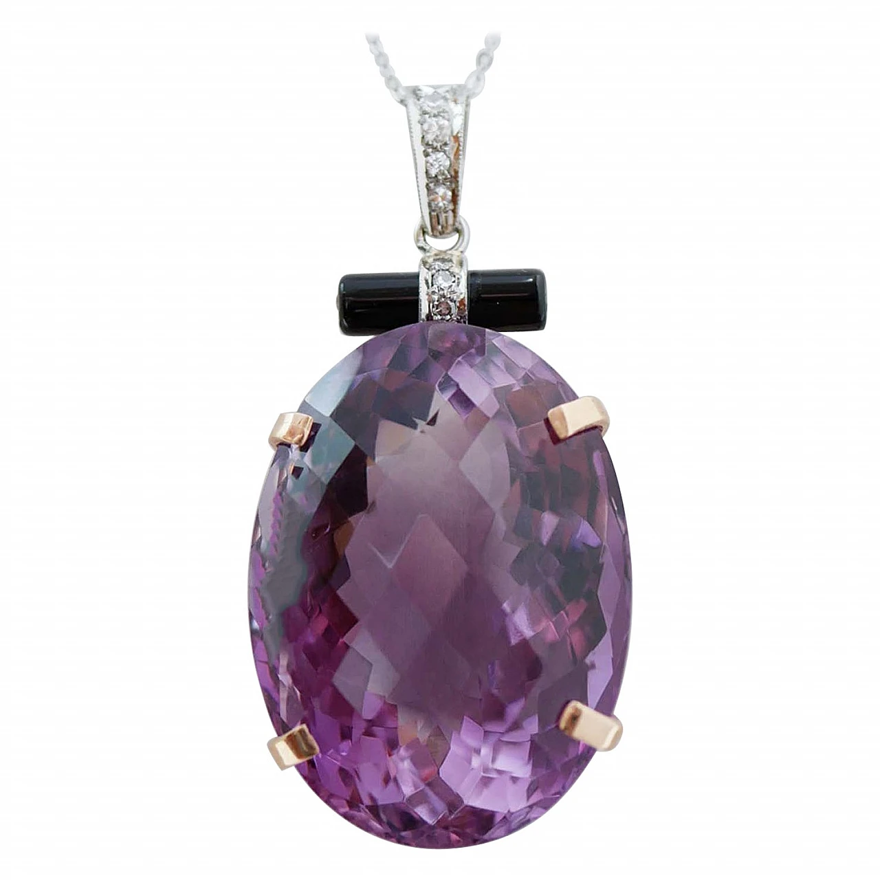 Ametista grande, Onice, Diamanti, Platino, Oro rosa 14 Kt e Ciondolo in oro bianco. 1