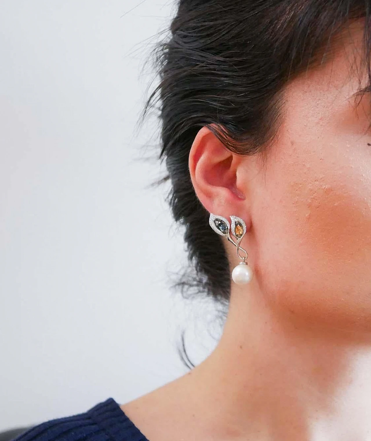 White gold earrings with pearls, diamonds and sapphires, 2000s 4