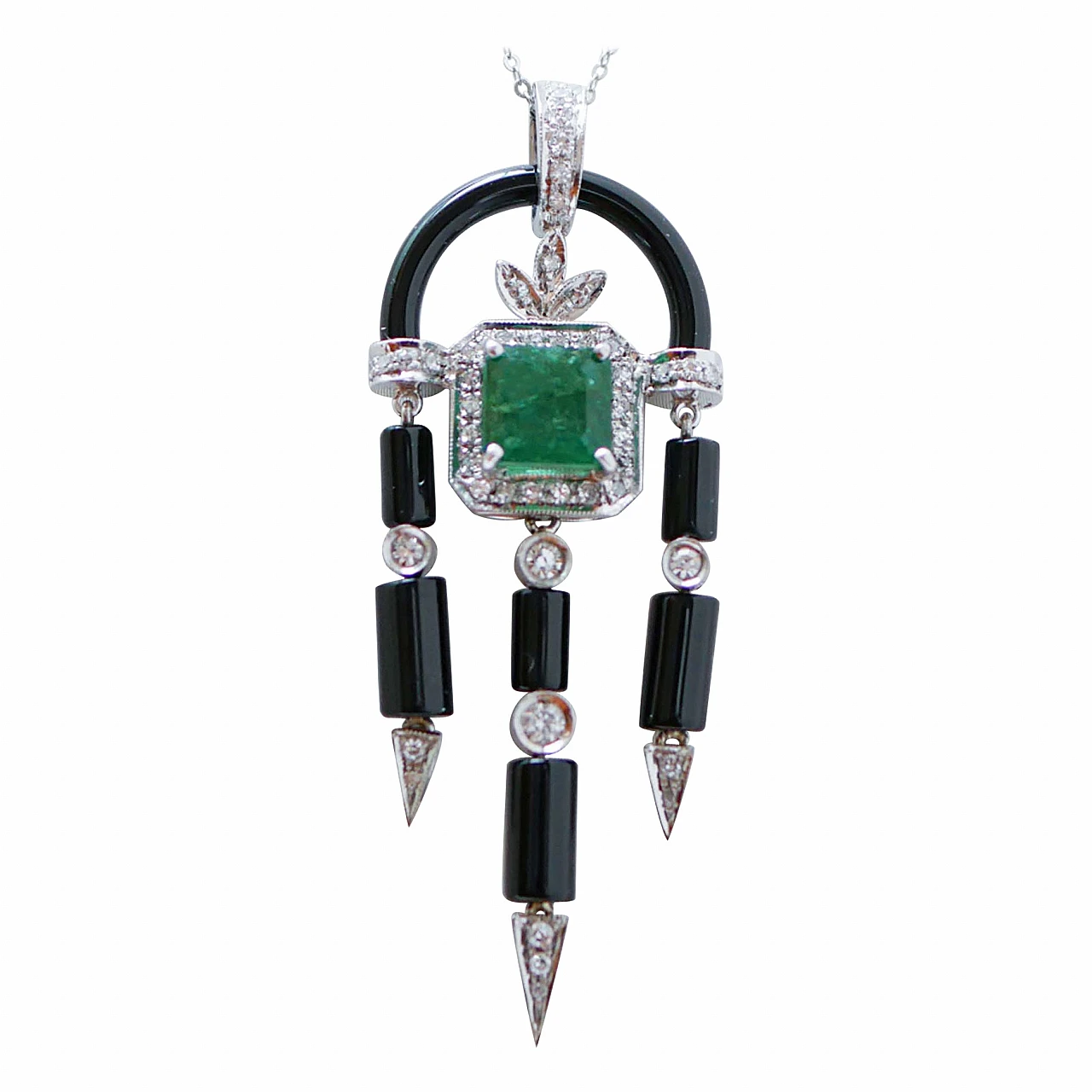 Emerald, Diamonds, Onyx, Platinum and White Gold Pendant Necklace. 1