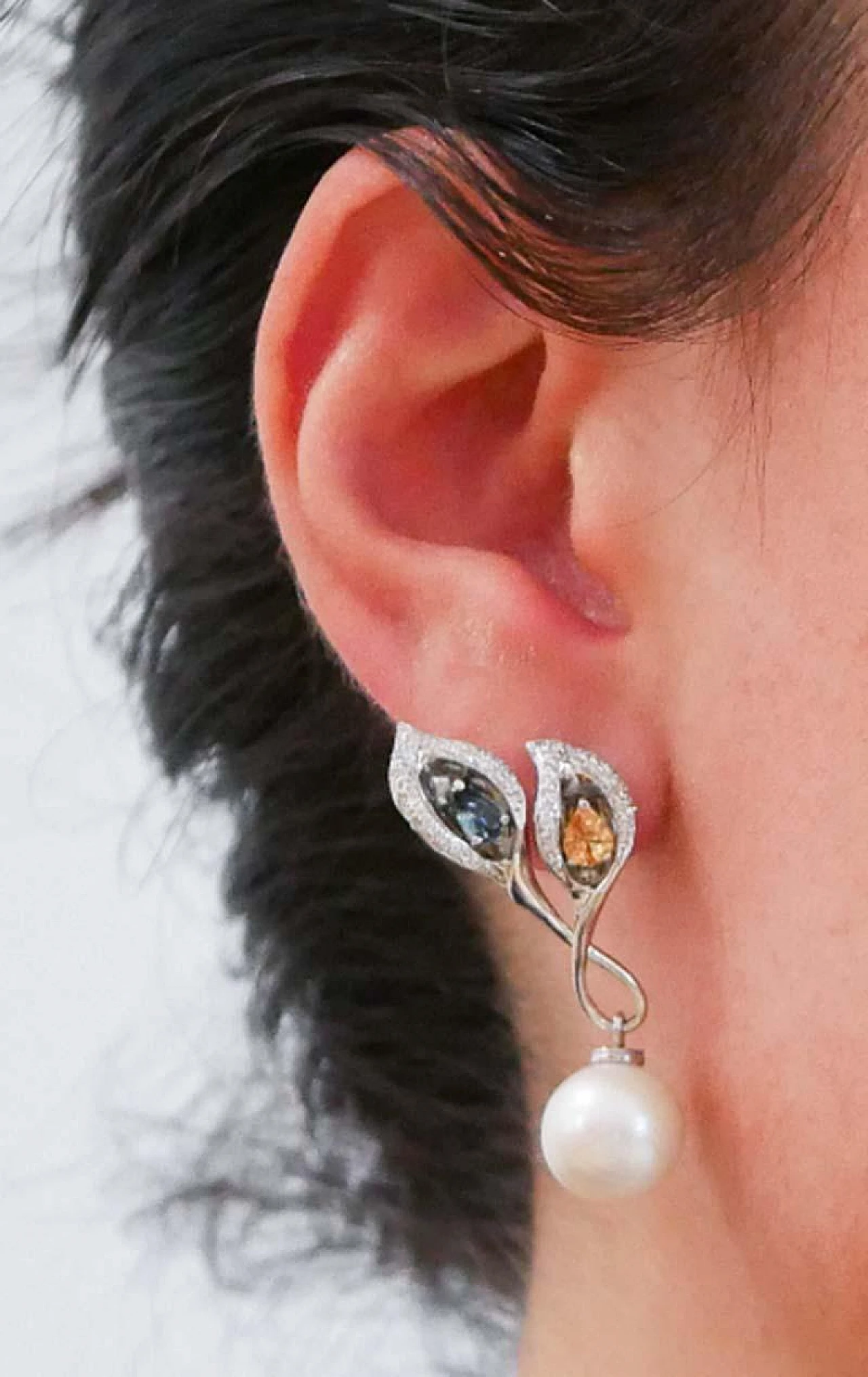 White gold earrings with pearls, diamonds and sapphires, 2000s 5