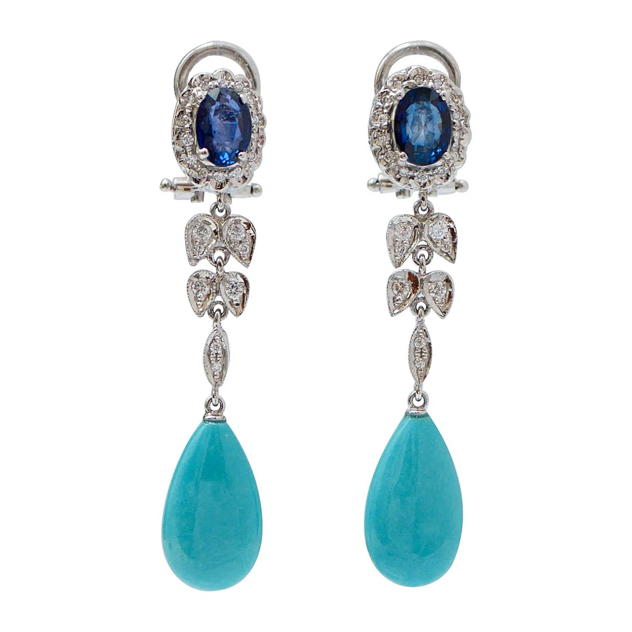 Turquoise, sapphires, diamonds and platinum earrings, 2000s 1