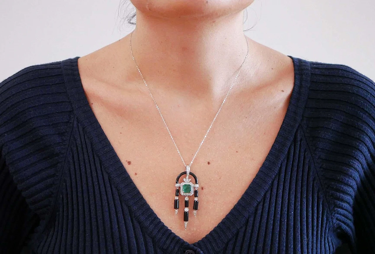 Emerald, Diamonds, Onyx, Platinum and White Gold Pendant Necklace. 5