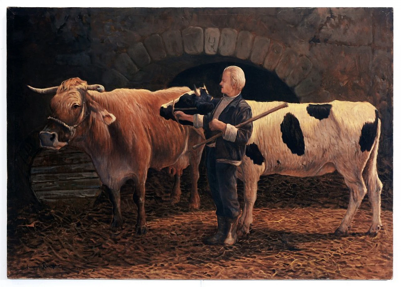 Nella stalla di Armando Romano, olio su tela, anni '80 1