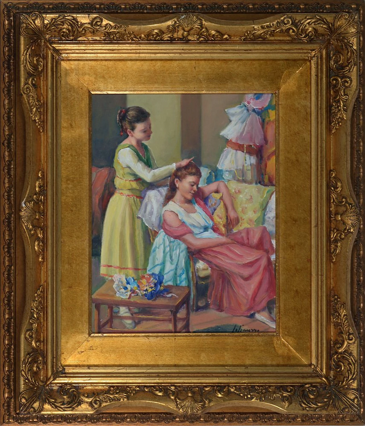 I due amici di Salvatore Ciaurro, olio su tavola con cornice, anni '80 1