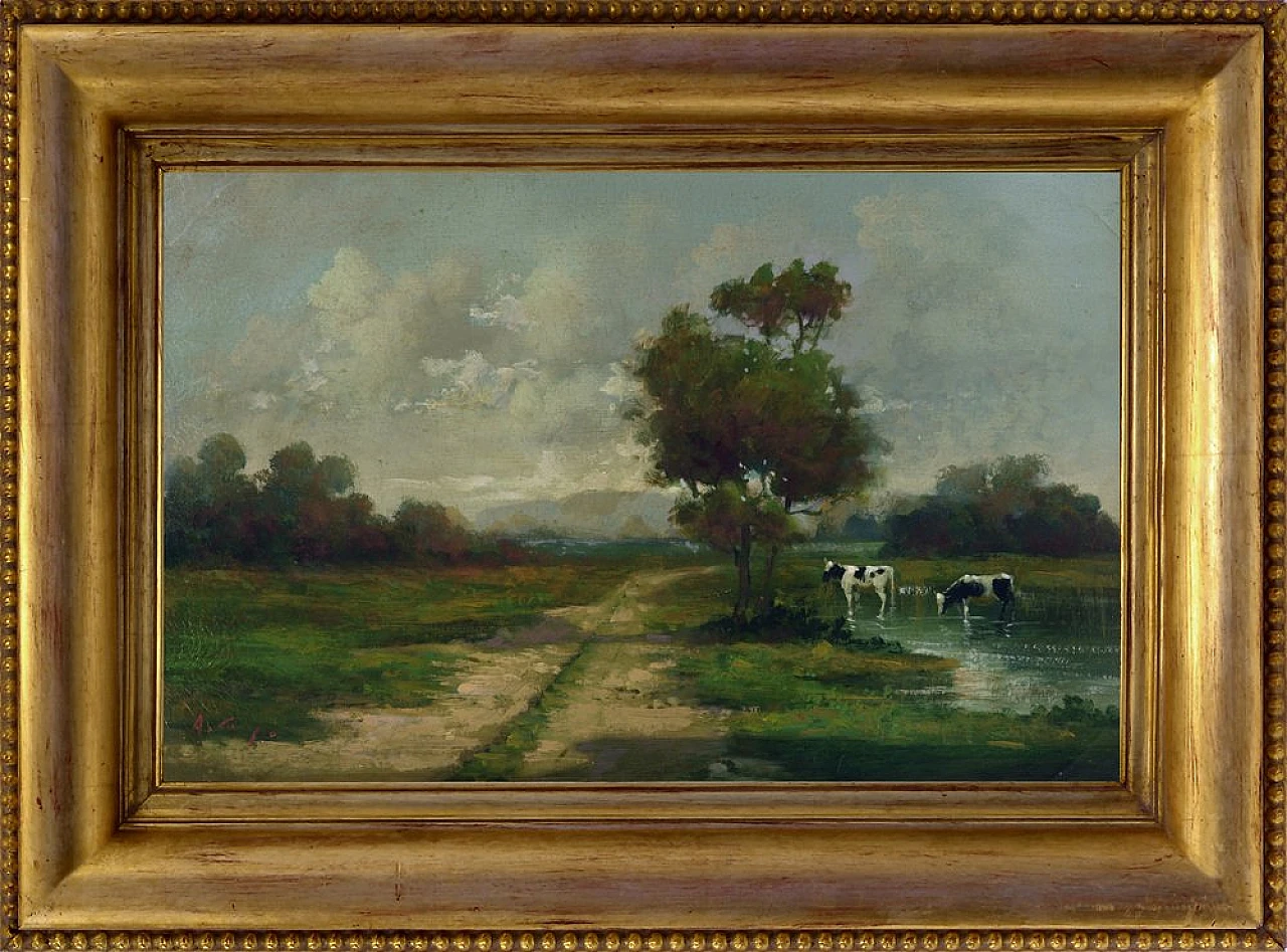Paesaggio di Antonio Crespi, olio su tela in cornice, anni 2000 1