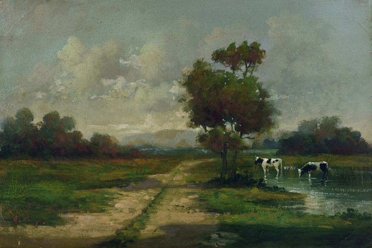 Paesaggio di Antonio Crespi, olio su tela in cornice, anni 2000 2