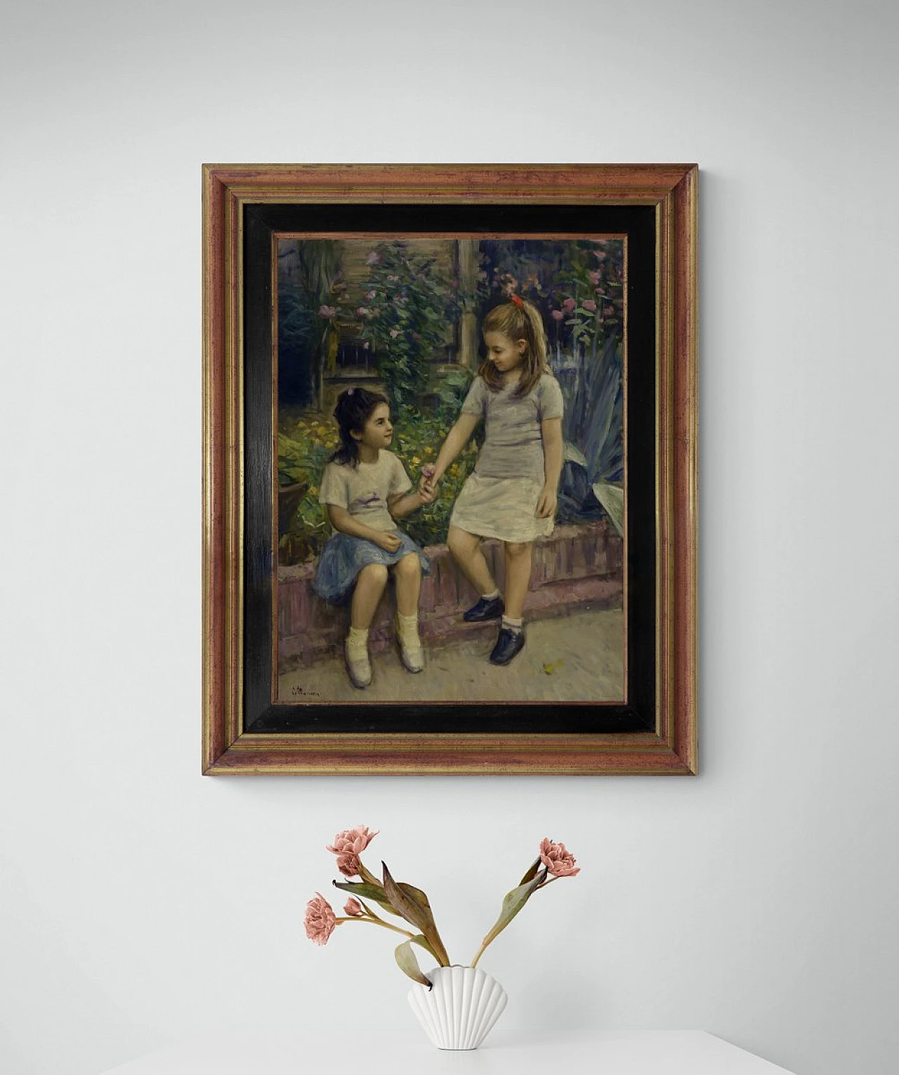 Scena di Tonino Manna, olio su tela con cornice, anni '90 2