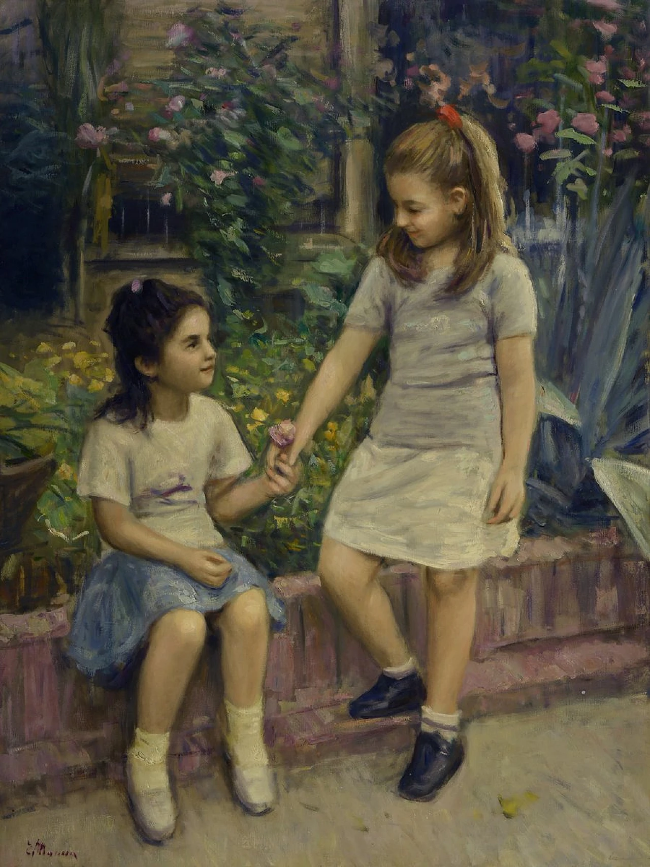 Scena di Tonino Manna, olio su tela con cornice, anni '90 3