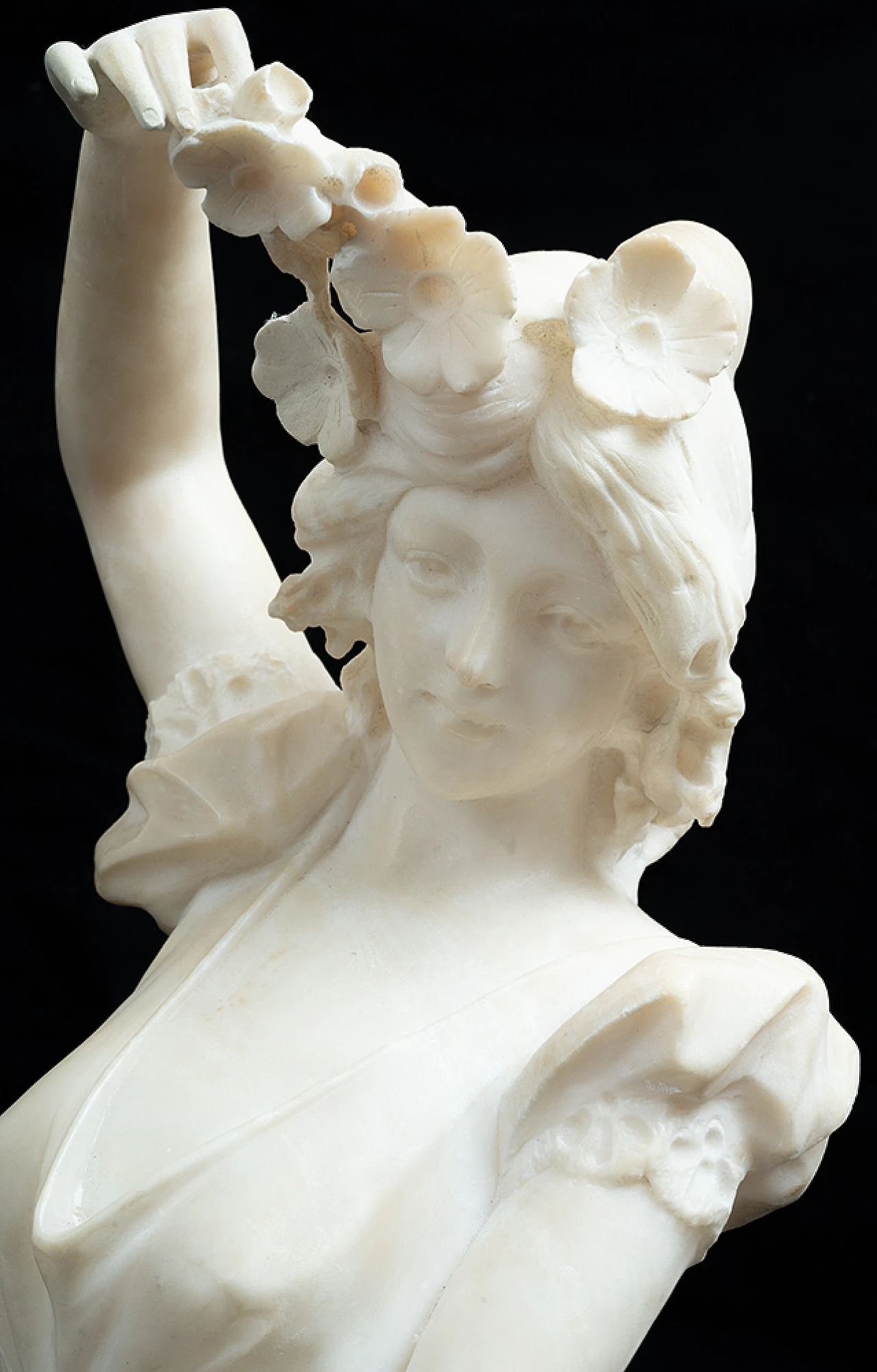 Scultura di donna con fiori Francese in alabastro, '800 2
