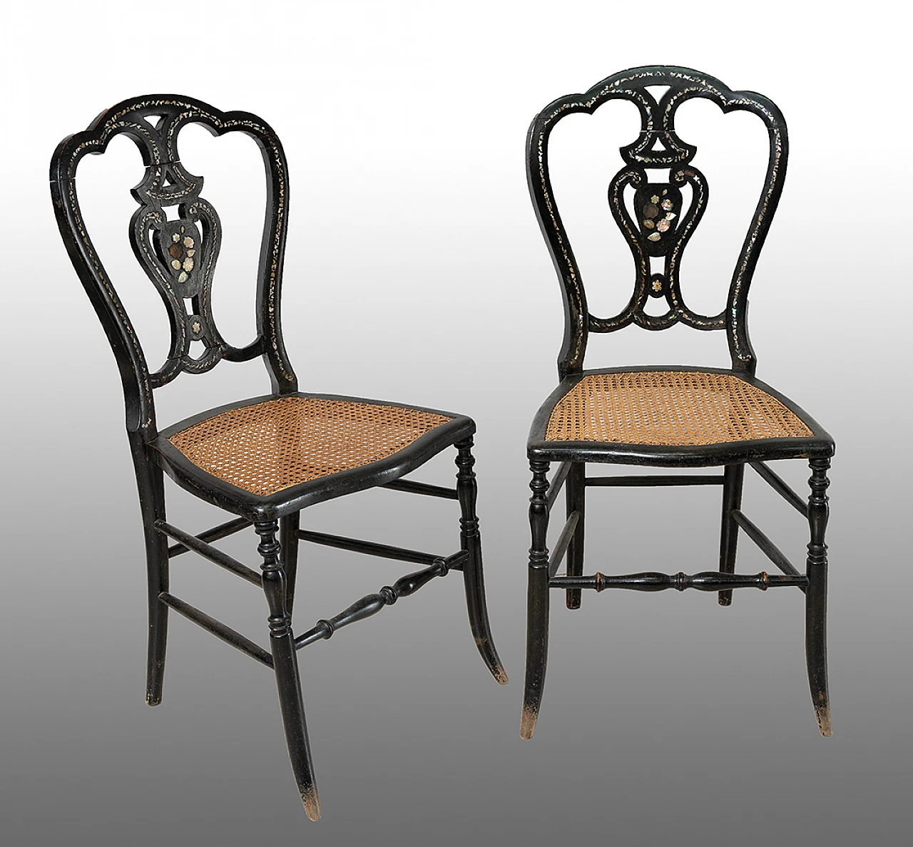 Pair Napoleon III chairs in wood with mother of pearl, 19th century 1