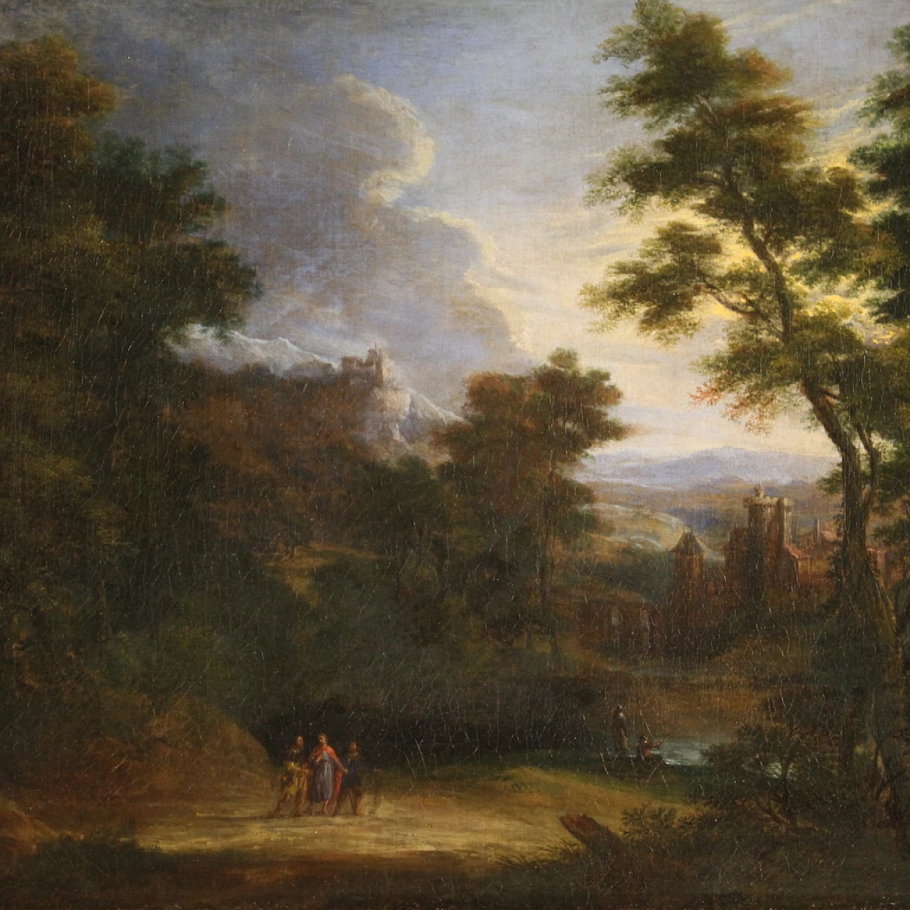 Flemish landscape painting with 17th century figures, the apparition 1