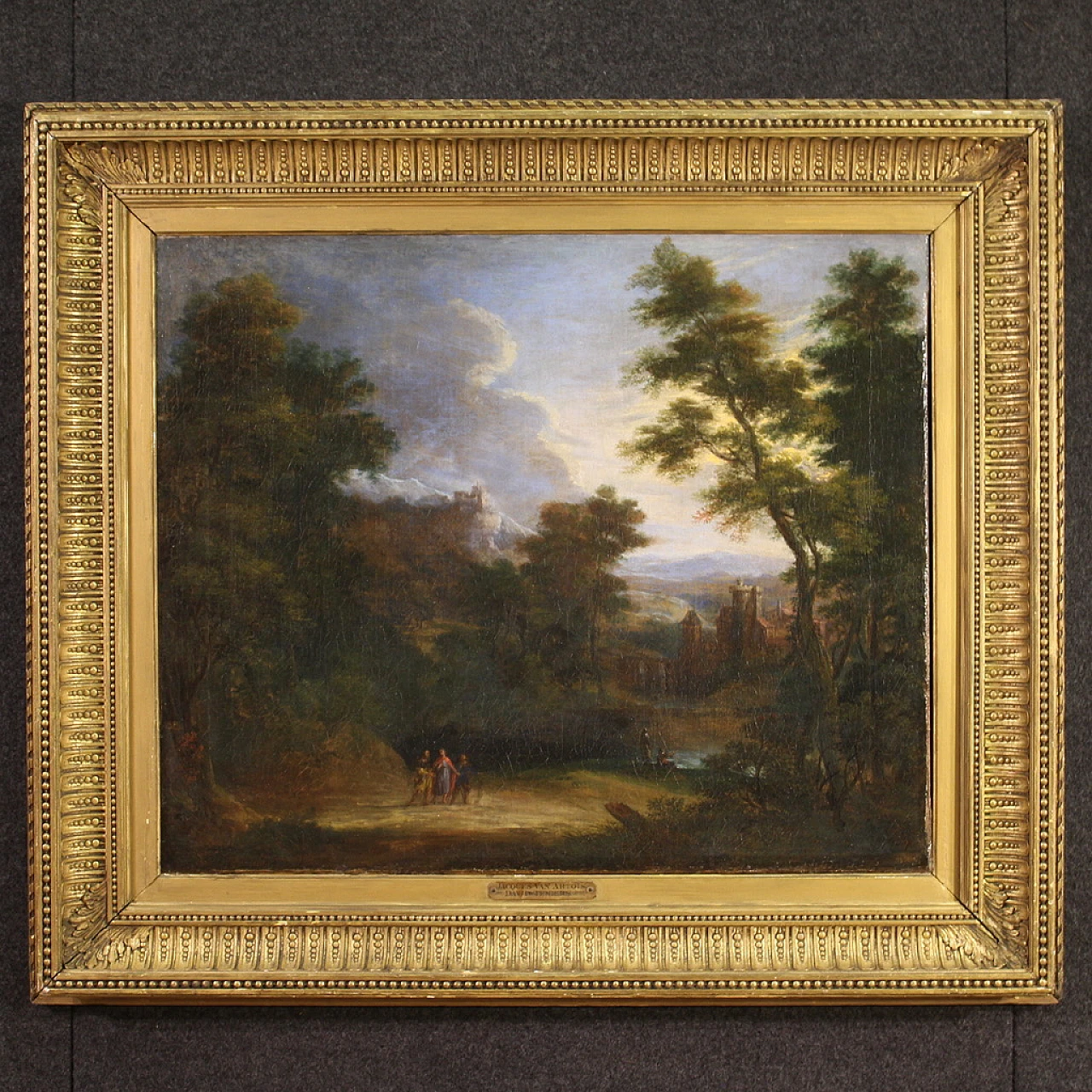Flemish landscape painting with 17th century figures, the apparition 2