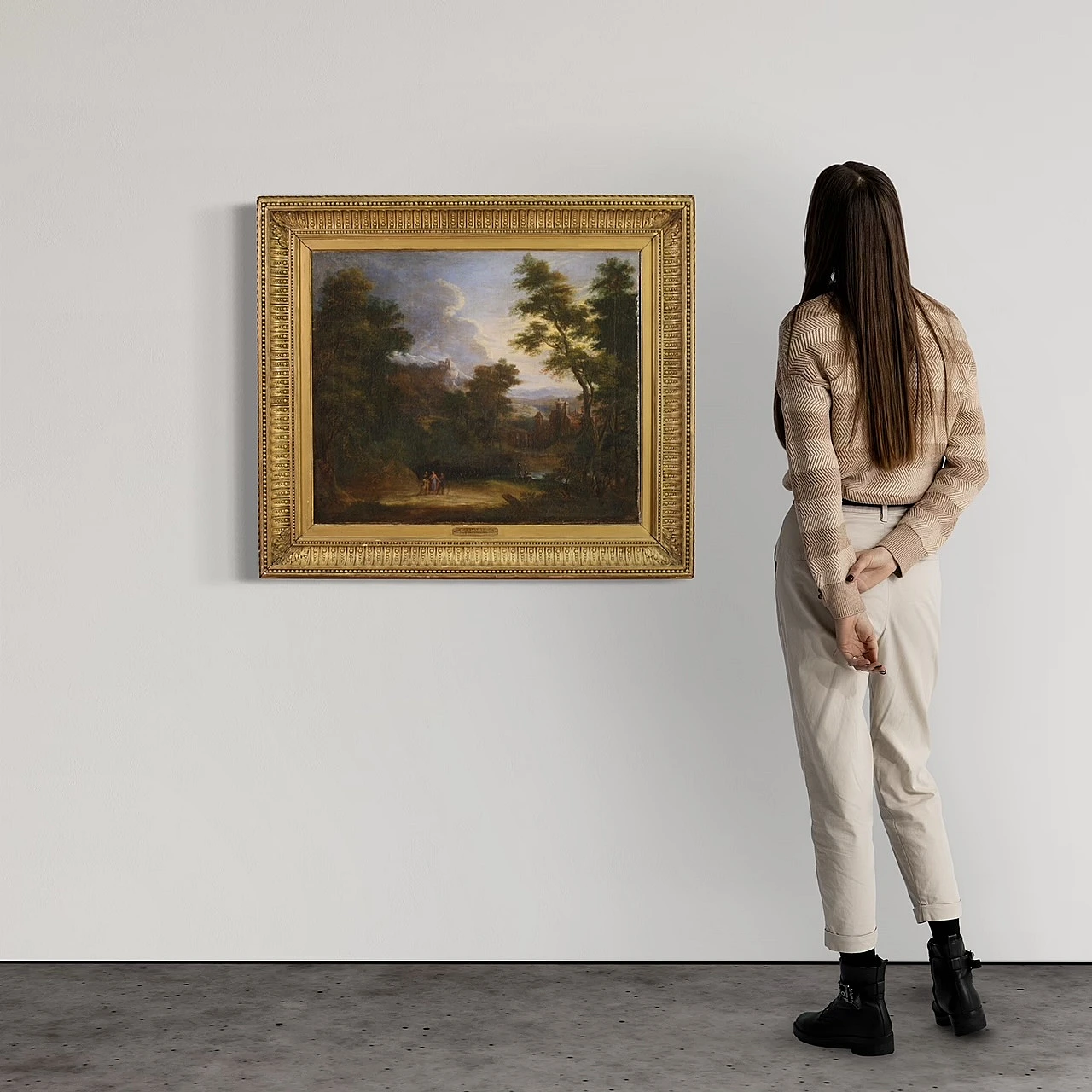 Flemish landscape painting with 17th century figures, the apparition 3