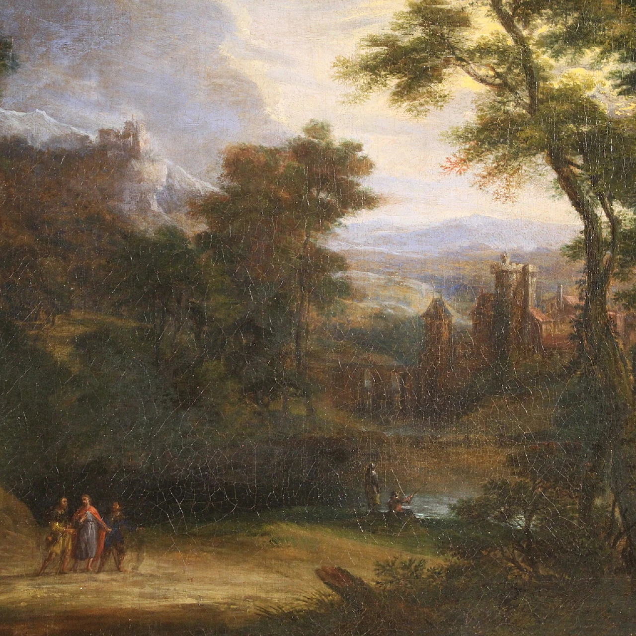 Flemish landscape painting with 17th century figures, the apparition 4