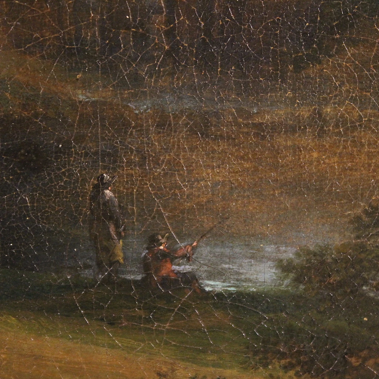 Flemish landscape painting with 17th century figures, the apparition 9