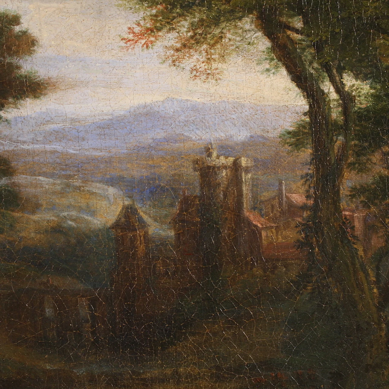 Flemish landscape painting with 17th century figures, the apparition 10