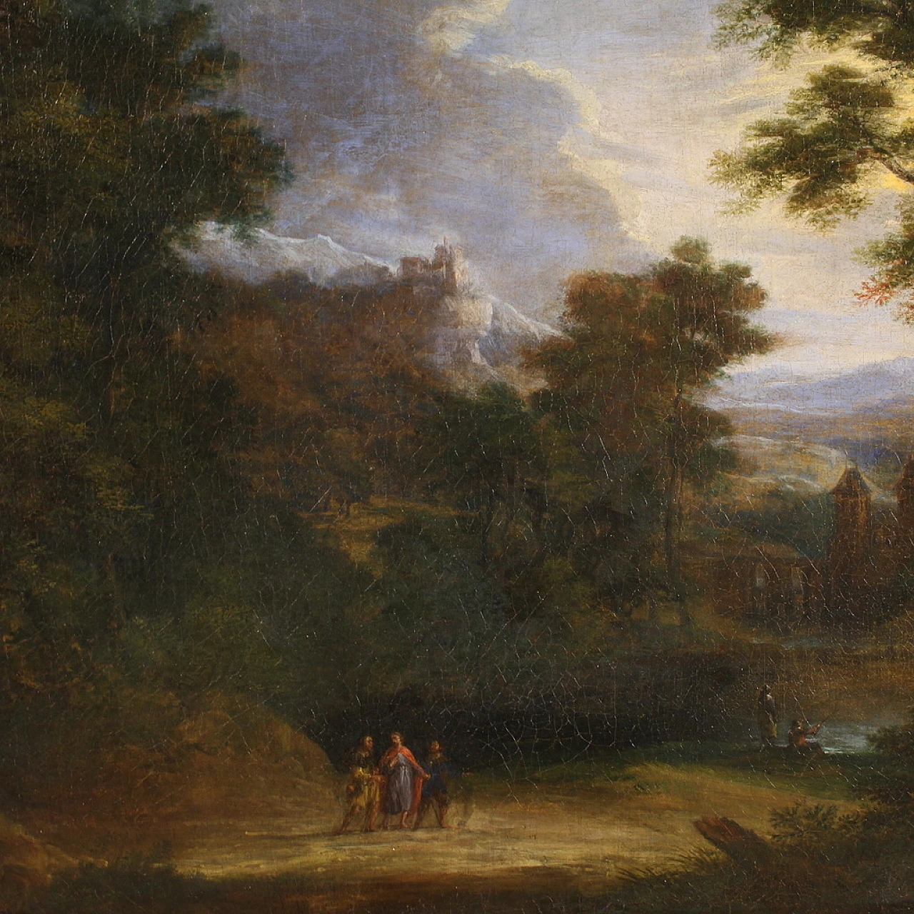 Flemish landscape painting with 17th century figures, the apparition 11