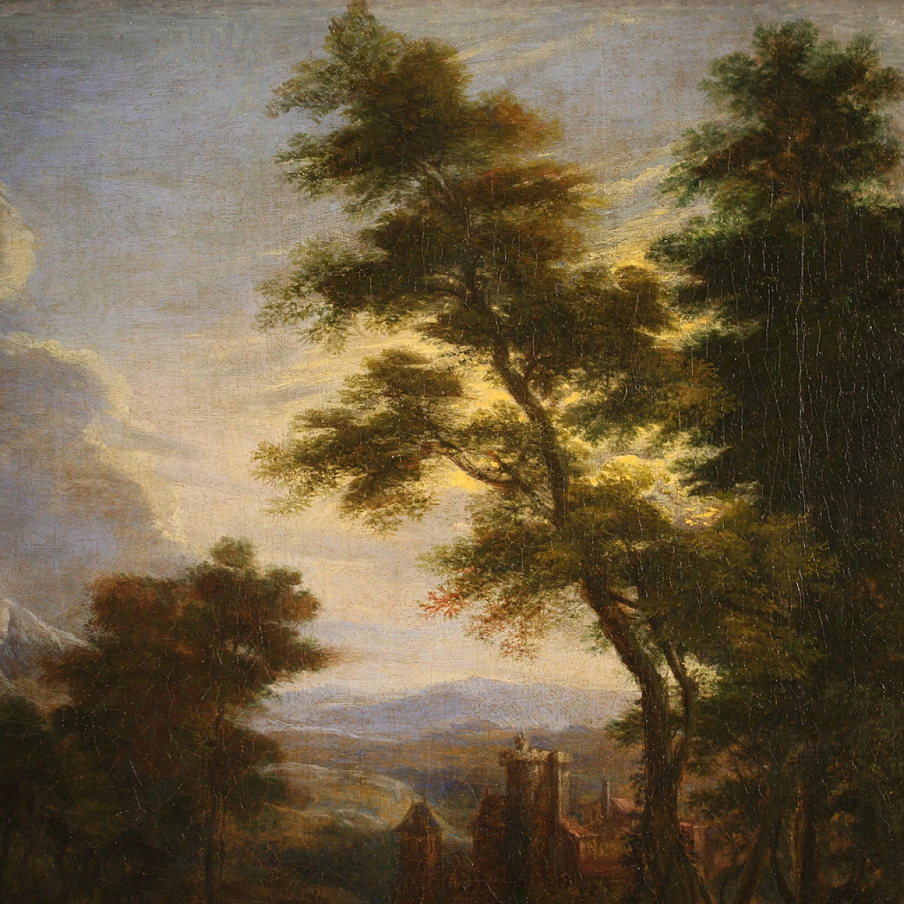 Flemish landscape painting with 17th century figures, the apparition 12